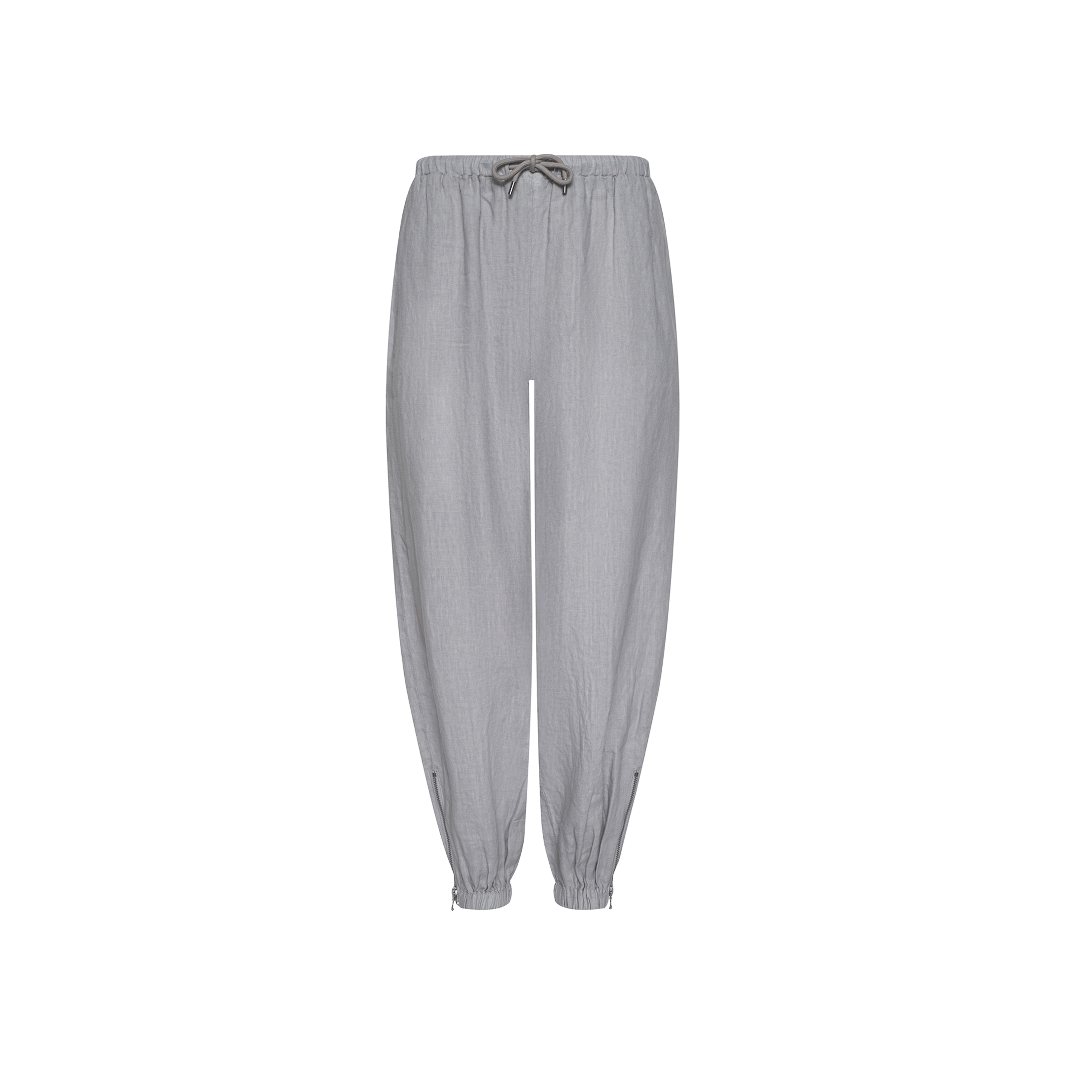 The Mariko Linen Jogger in light grey features a drawstring, elastic waistband, and elasticized cuffs, shown against a plain white background.