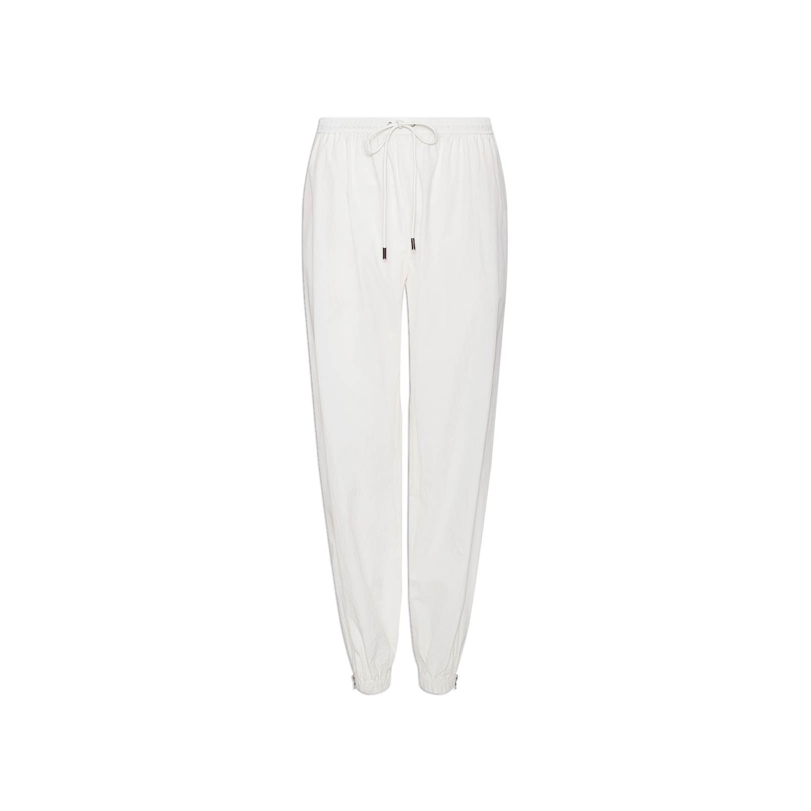 The Mariko Jogger in ivory, made from water-repellent nylon, features an elastic waistband, drawstring, and elastic cuffs, and is displayed on a plain white background.