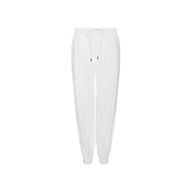 The Mariko Jogger in ivory, made from water-repellent nylon, features an elastic waistband, drawstring, and elastic cuffs, and is displayed on a plain white background.