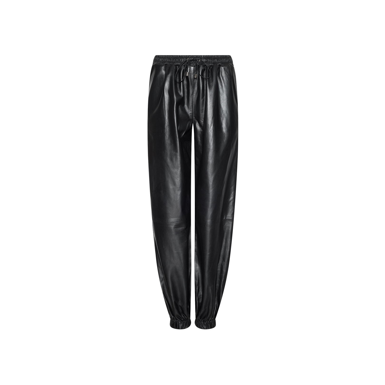 The Mariko Leather Jogger in modern black faux leather features an elastic waistband and elastic cuffs, displayed against a plain white background.