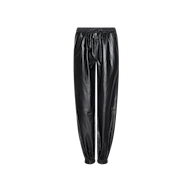 The Mariko Leather Jogger in modern black faux leather features an elastic waistband and elastic cuffs, displayed against a plain white background.
