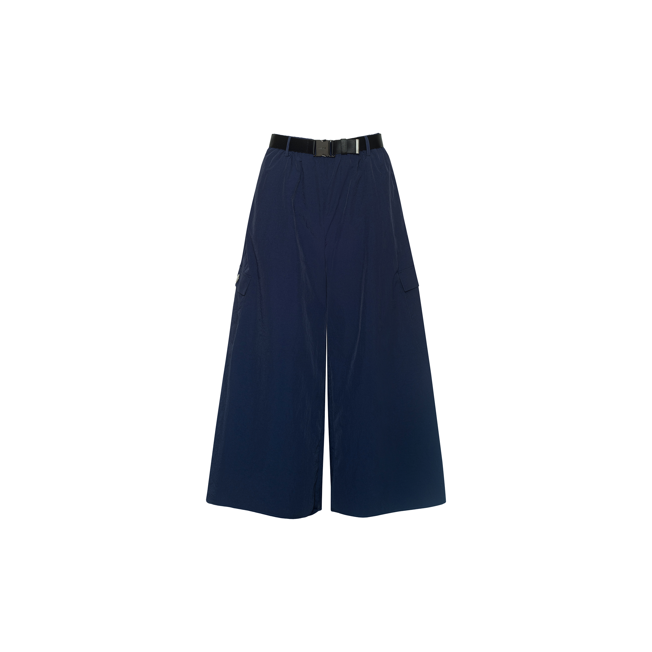 Shoda Cropped Wide-Leg Pant in navy blue, featuring a wide-leg cropped silhouette, side pockets, and a black belt, displayed on a white background.