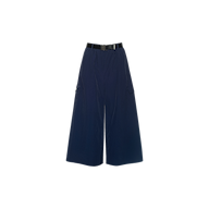 Shoda Cropped Wide-Leg Pant in navy blue, featuring a wide-leg cropped silhouette, side pockets, and a black belt, displayed on a white background.