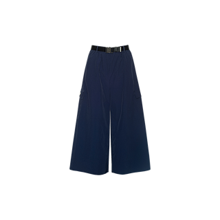 Shoda Cropped Wide-Leg Pant in navy blue, crafted from water repellent fabric, featuring a black belt and side pockets, displayed on a plain white background.
