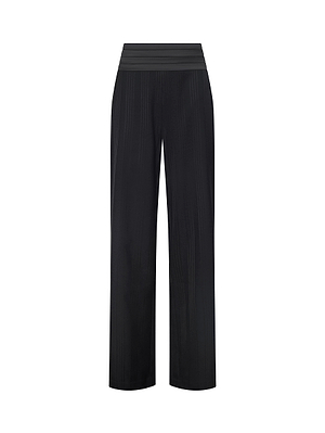 The Minerva Cummerbund Trouser by L'AGENCE features a wide-leg silhouette, subtle vertical pinstripes, and a thick cummerbund waistband, shown against a white background.