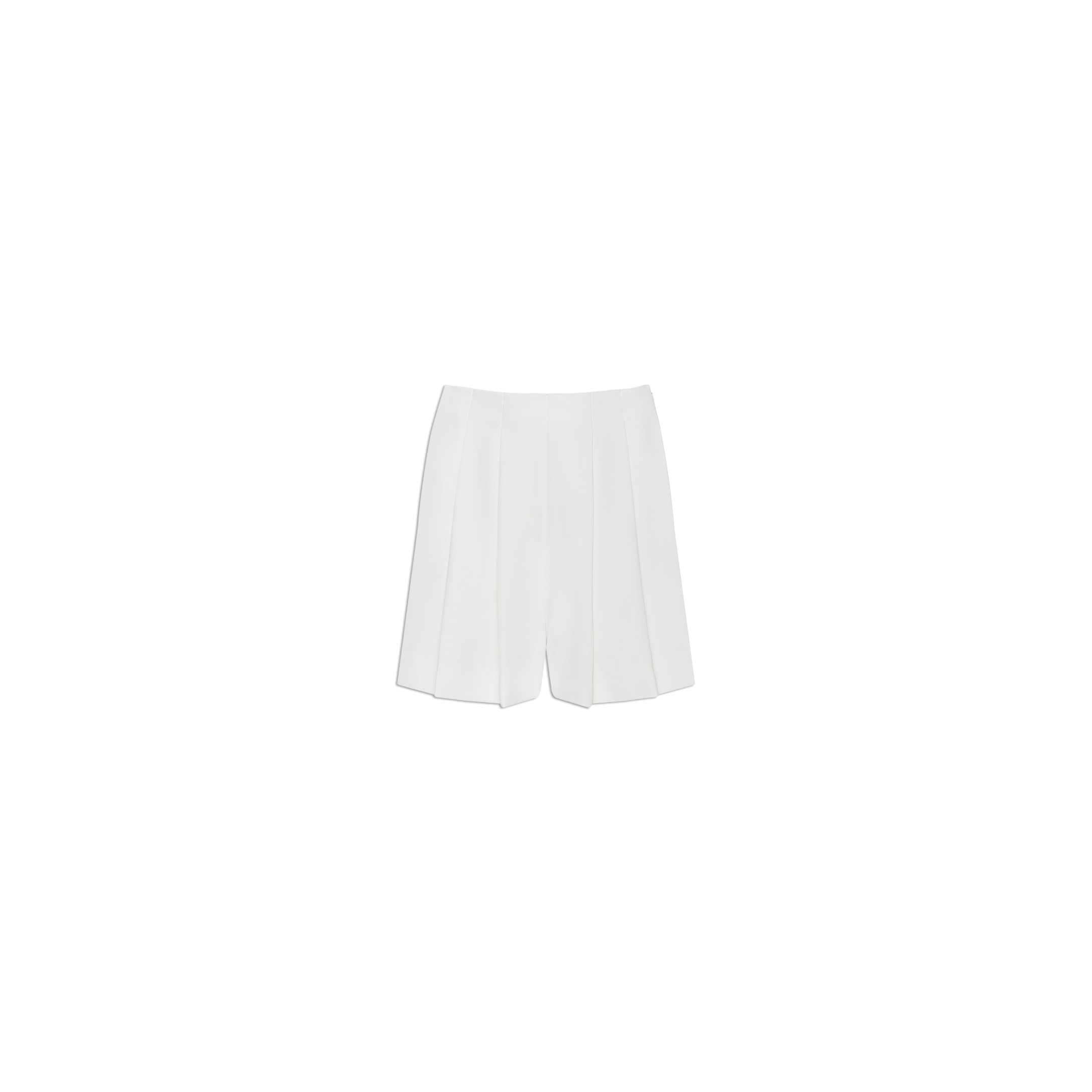Naamah Pleated Short in white, featuring a tailored fit and fluid, wrinkle-resistant suit fabric—perfect for elevating your resort wardrobe. Shown against a plain white background.