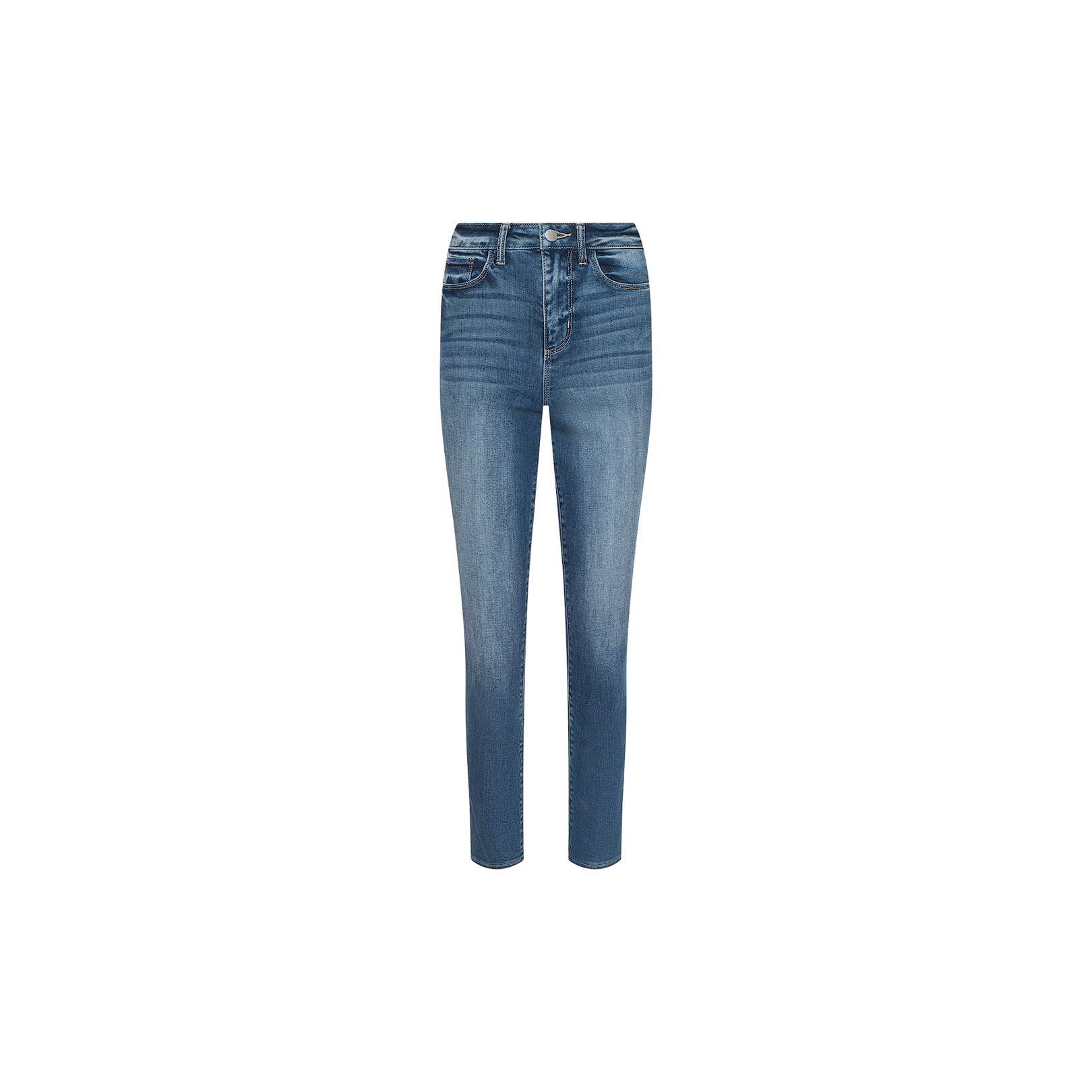 The Celestia Slim-Leg Jean features a classic five-pocket design with a slim, straight leg fit, crafted from comfortable stretch denim and showcased against a plain white background.