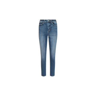 The Celestia Slim-Leg Jean features a classic five-pocket design with a slim, straight leg fit, crafted from comfortable stretch denim and showcased against a plain white background.