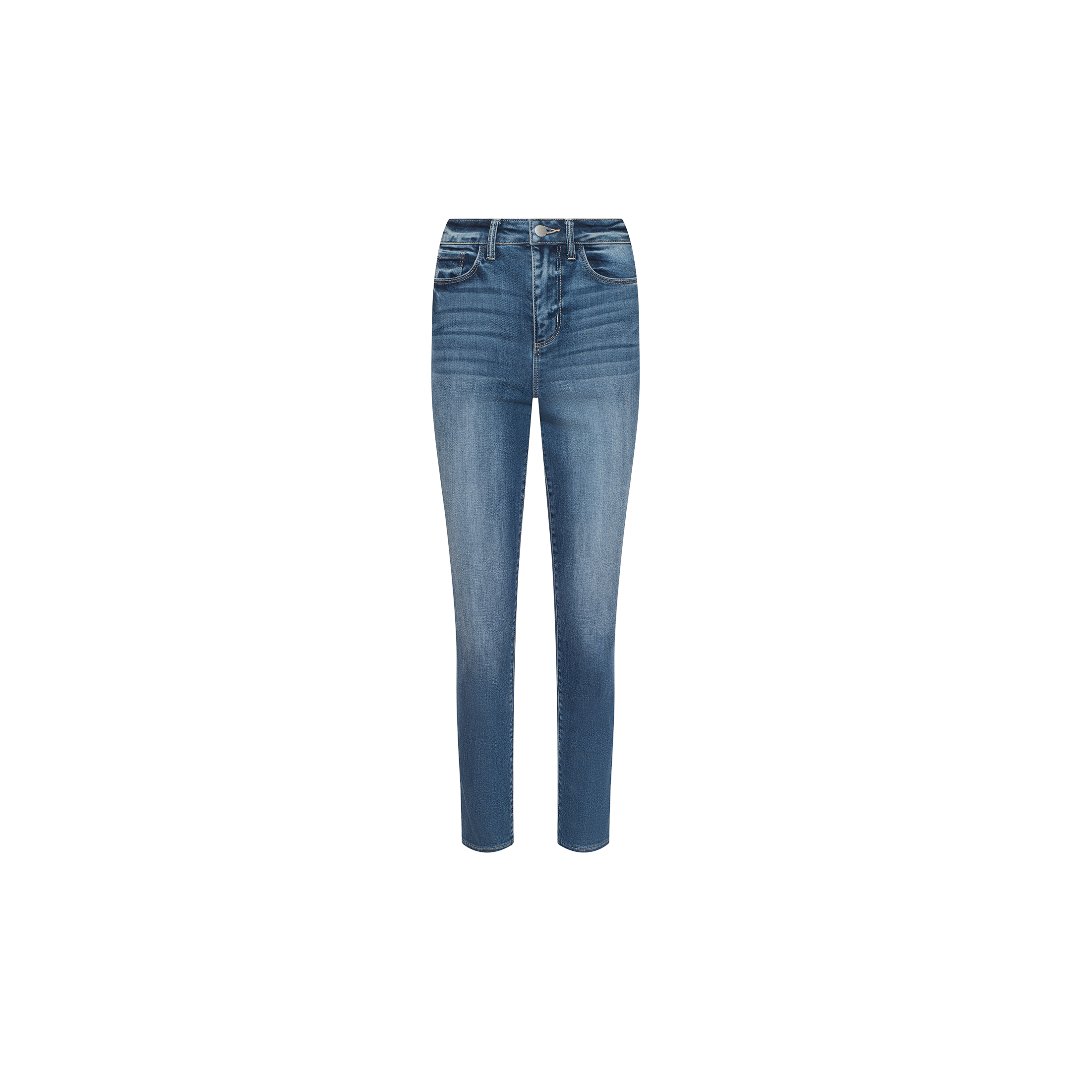 Celestia Slim-Leg Jean in stretch denim features a high-rise silhouette, front pockets, and a slightly faded blue wash, shown against a plain white background.