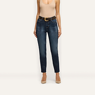 Celestia Slim-Leg Jean in a dark wash, ultra high rise, slim-leg fit, styled with a brown leather belt featuring a gold buckle.