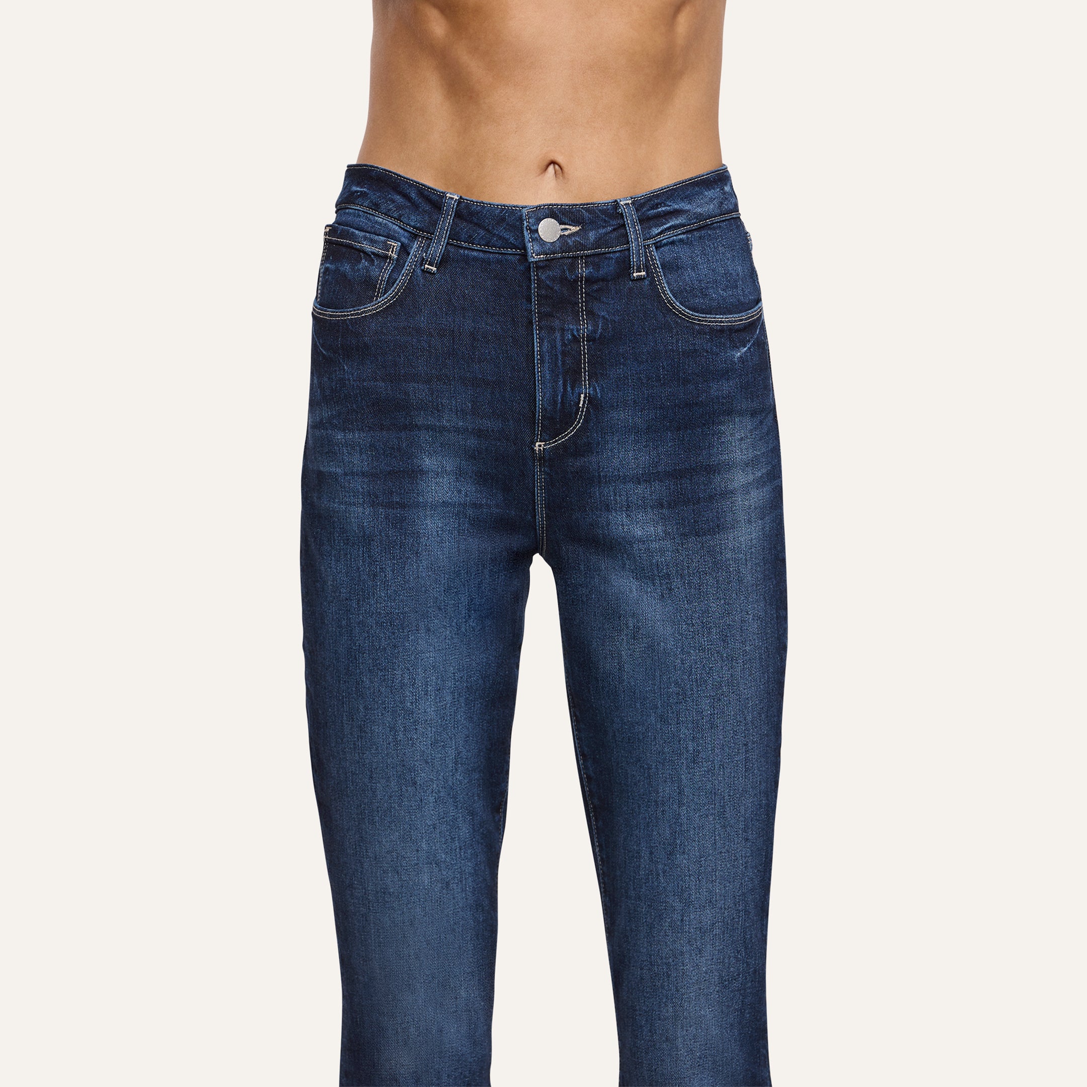 Celestia Slim-Leg Jean in dark wash, ultra high rise stretch denim with a slim-leg fit.