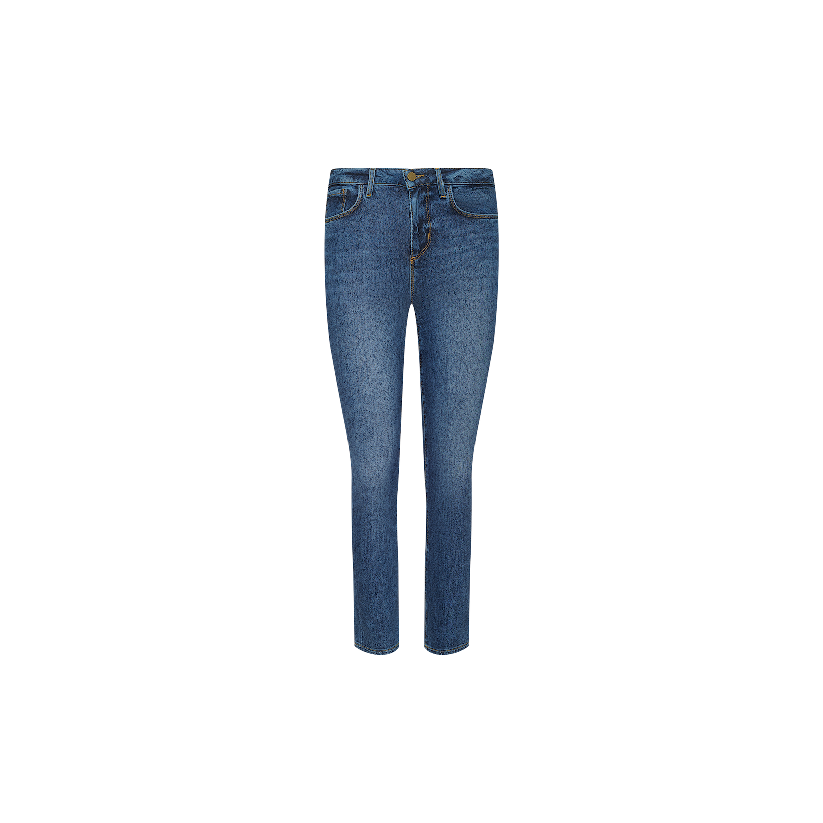 The Celestia Slim-Leg Jean is a pair of high-waisted, slim-fit blue jeans in a classic indigo wash, crafted from stretch denim for enhanced comfort, shown against a plain white background.