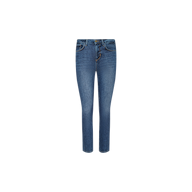 The Celestia Slim-Leg Jean is a pair of high-waisted, slim-fit blue jeans in a classic indigo wash, crafted from stretch denim for enhanced comfort, shown against a plain white background.