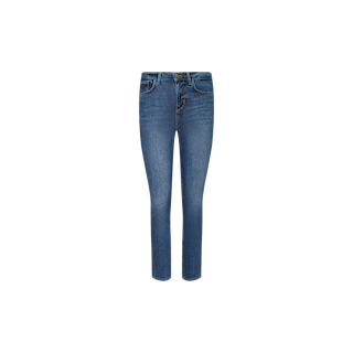 The Celestia Slim-Leg Jean is a pair of high-waisted, slim-fit blue jeans in a classic indigo wash, crafted from stretch denim for enhanced comfort, shown against a plain white background.