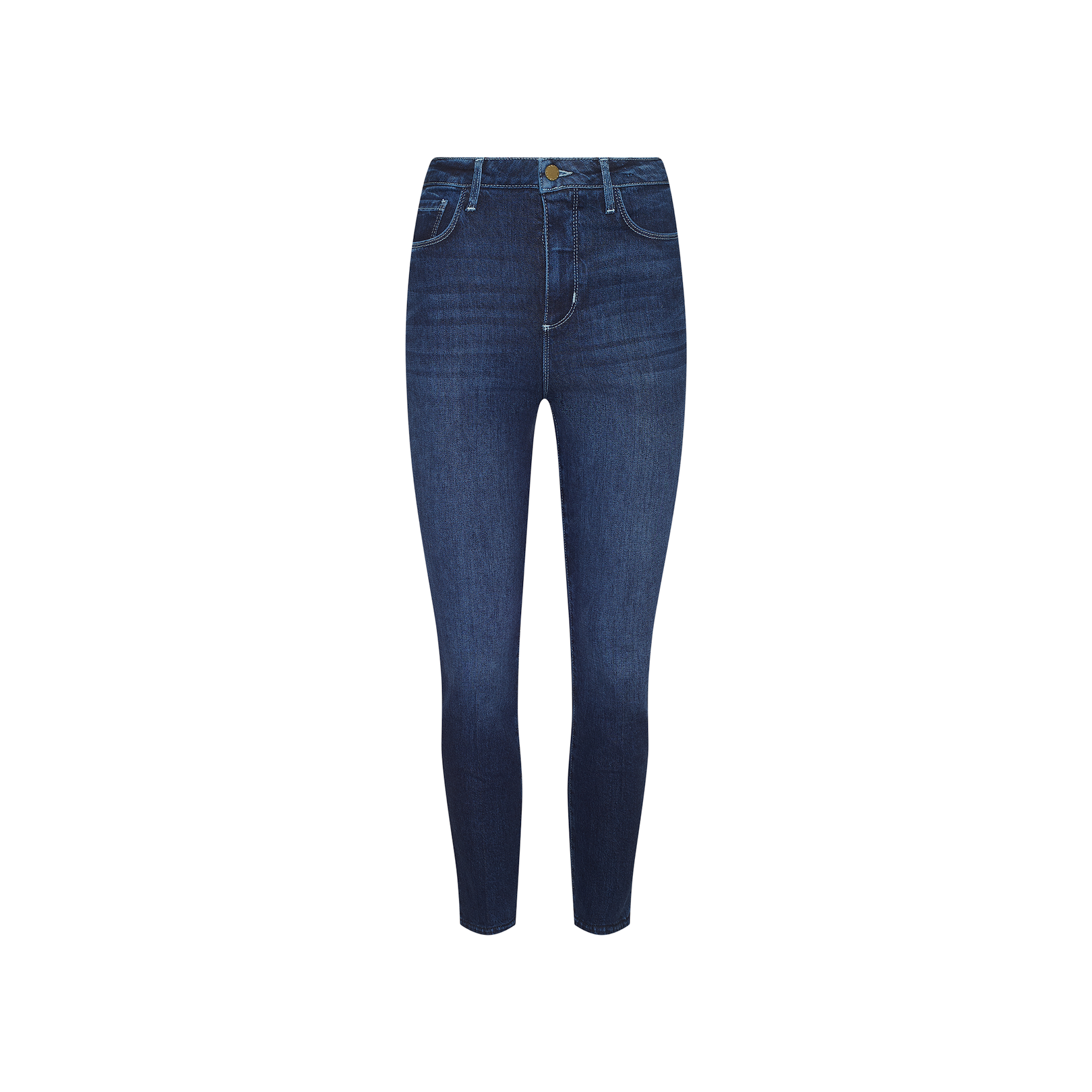 Celestia Slim-Leg Jean shown on a plain white background, made from classic stretch denim with an indigo wash for timeless appeal. These ultra high rise jeans feature a classic five-pocket design, visible stitching, front zipper, and button closure at the waist.