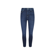Celestia Slim-Leg Jean shown on a plain white background, made from classic stretch denim with an indigo wash for timeless appeal. These ultra high rise jeans feature a classic five-pocket design, visible stitching, front zipper, and button closure at the waist.