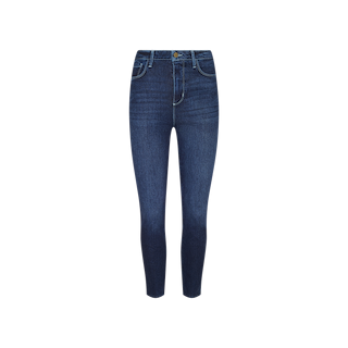 Celestia Slim-Leg Jean shown on a plain white background, made from classic stretch denim with an indigo wash for timeless appeal. These ultra high rise jeans feature a classic five-pocket design, visible stitching, front zipper, and button closure at the waist.