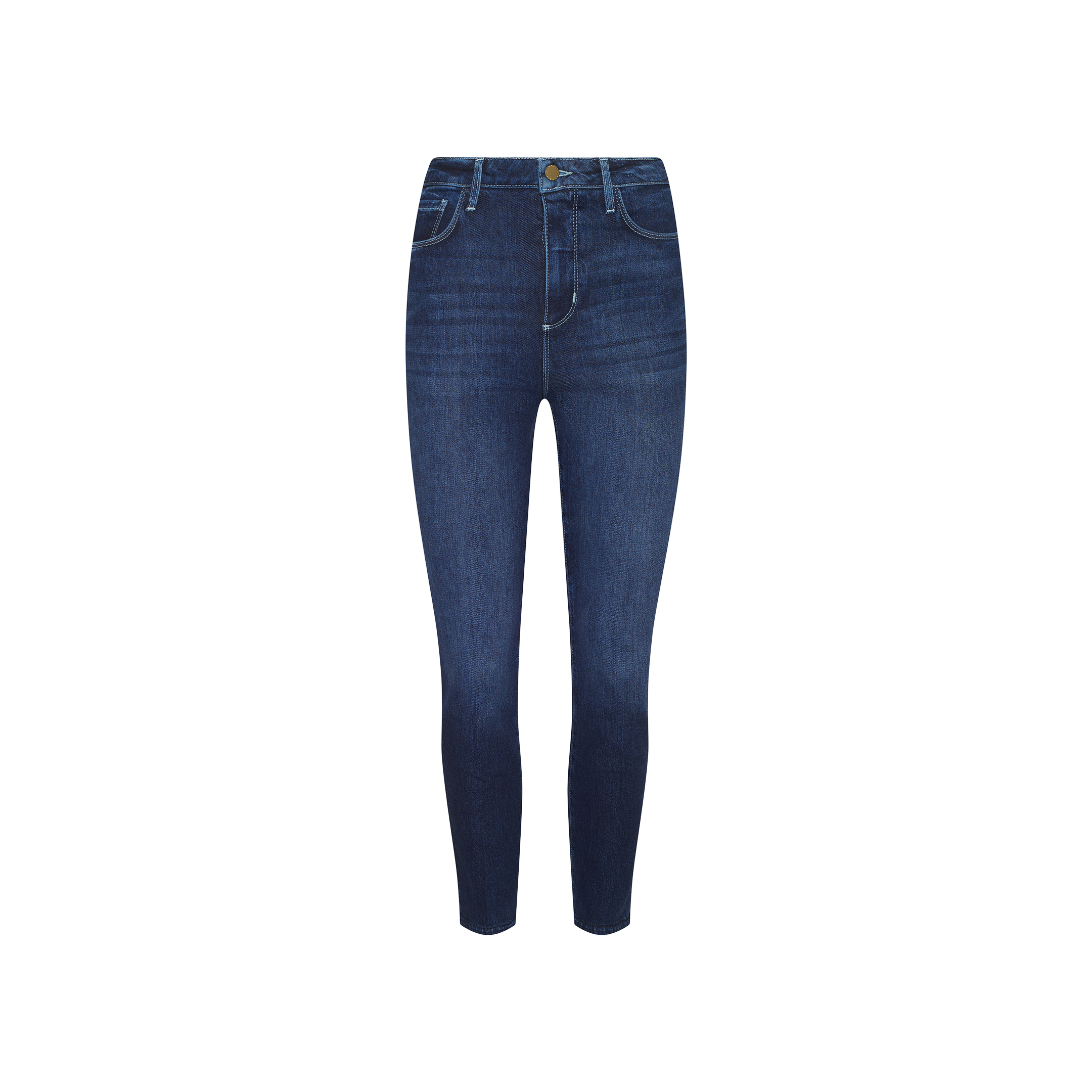 Celestia Slim-Leg Jean shown on a plain white background, made from classic stretch denim with an indigo wash for timeless appeal. These ultra high rise jeans feature a classic five-pocket design, visible stitching, front zipper, and button closure at the waist.