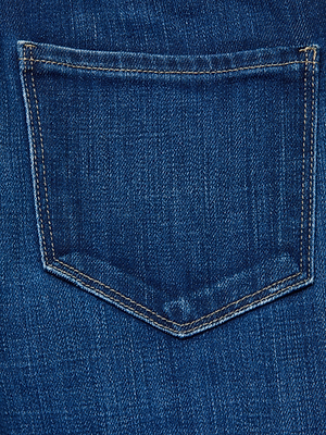 Close-up of the L'AGENCE Celestia Slim-Leg Jean's blue stretch denim back pocket, featuring visible stitching and a textured fabric pattern.