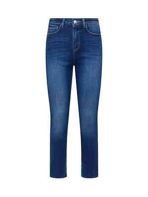 The Celestia Slim-Leg Jean by L'AGENCE features a vintage blue wash, ultra high rise, button and zip closure, front and back pockets, and a straight cropped leg cut, shown against a white background.