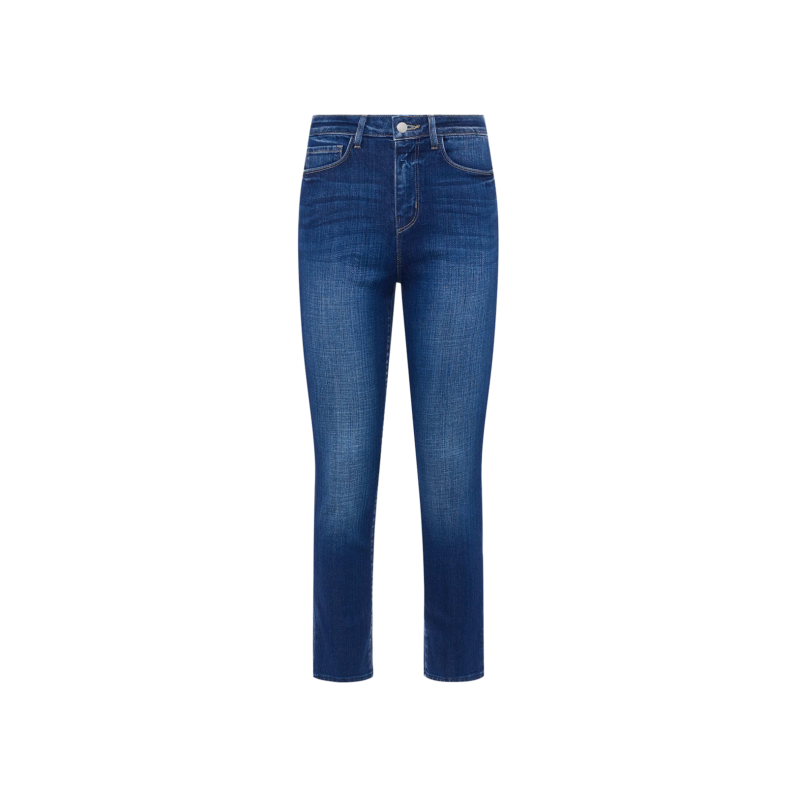 The Celestia Slim-Leg Jean features a slim fit in blue stretch denim with a slightly faded vintage wash, ultra high rise, button and zipper closure, and front and back pockets. Shown against a plain white background.