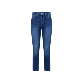The Celestia Slim-Leg Jean features a slim fit in blue stretch denim with a slightly faded vintage wash, ultra high rise, button and zipper closure, and front and back pockets. Shown against a plain white background.