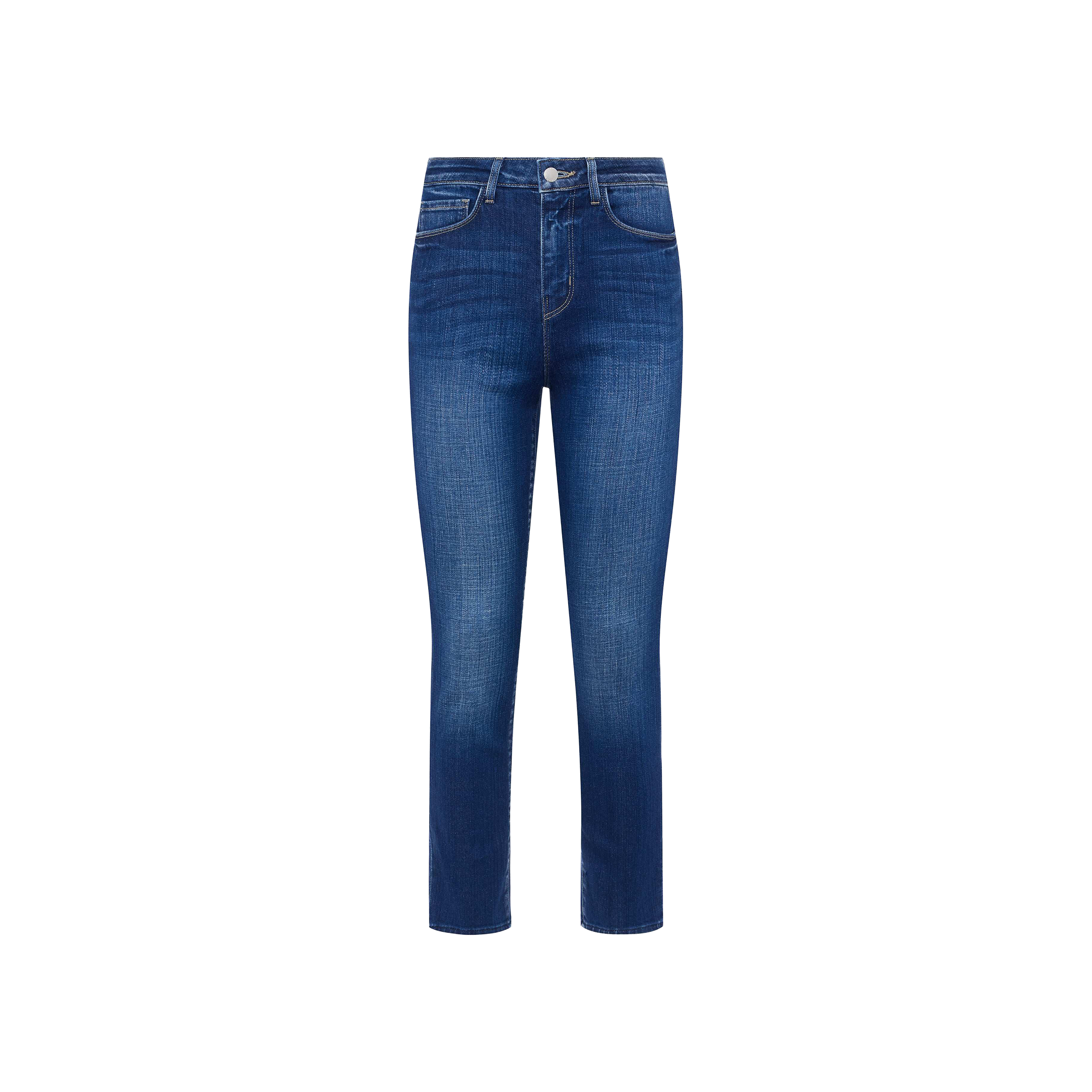 The Celestia Slim-Leg Jean features a high rise, classic five-pocket design, straight legs, and a button and zipper closure, displayed against a plain white background.