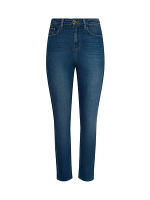The Celestia Slim-Leg Jean is a pair of blue, high-rise skinny jeans in stretch denim with button and zip closure, front and back pockets, and slightly cropped ankle-length legs, shown on a white background.