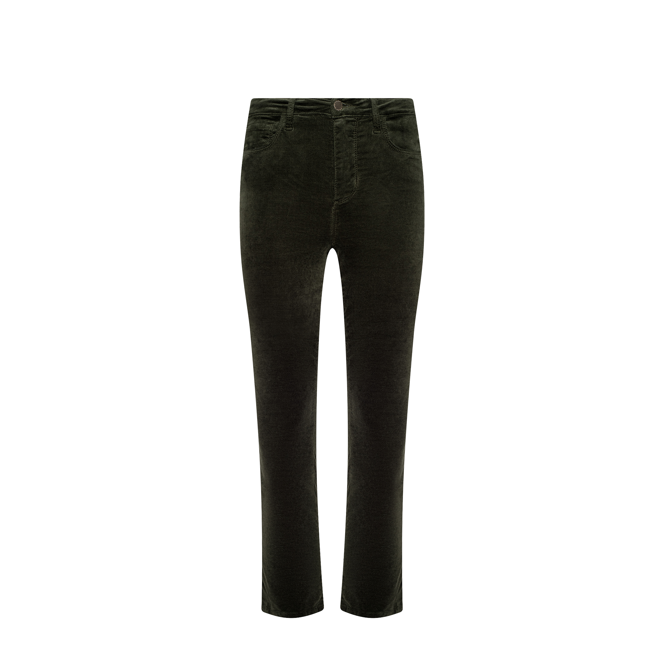 Celestia Velvet Slim-Leg Jean in dark green velvet, featuring a straight-leg cut, front zipper and button closure, along with side and back pockets, displayed against a plain white background.
