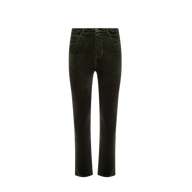 Celestia Velvet Slim-Leg Jean in dark green velvet, featuring a straight-leg cut, front zipper and button closure, along with side and back pockets, displayed against a plain white background.
