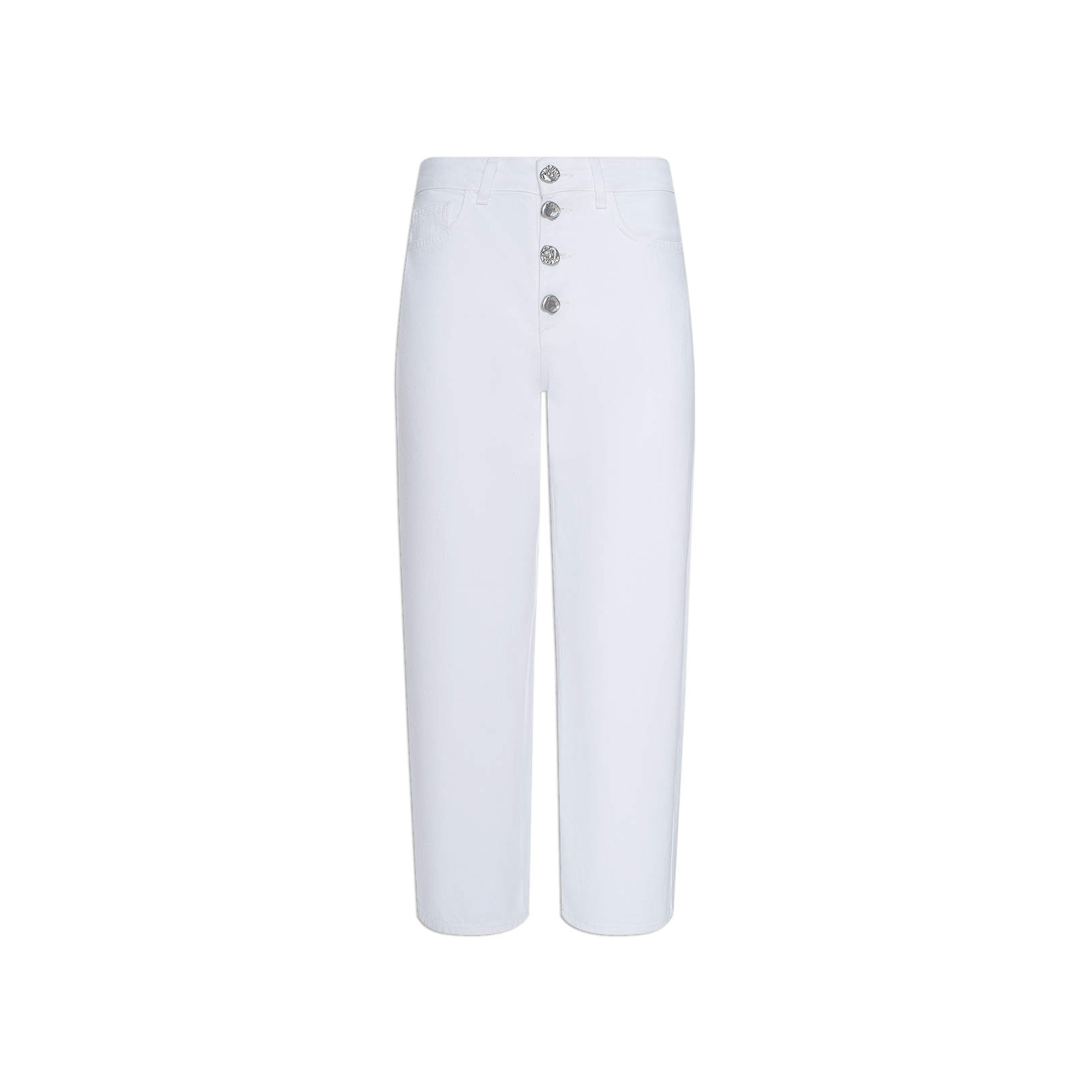 The Liora Cropped Jean is a white, high-waisted pant with a straight-leg cut and four silver buttons on the front fly. These high-rise jeans include side pockets and belt loops, and are displayed on a plain white background.