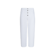 The Liora Cropped Jean is a white, high-waisted pant with a straight-leg cut and four silver buttons on the front fly. These high-rise jeans include side pockets and belt loops, and are displayed on a plain white background.