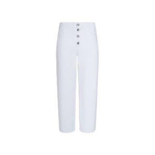 Liora Cropped Jean in white, made from 100 cotton denim, features a high-waisted silhouette with four exposed silver buttons at the front, straight cropped legs, and classic five-pocket styling, displayed against a plain white background.