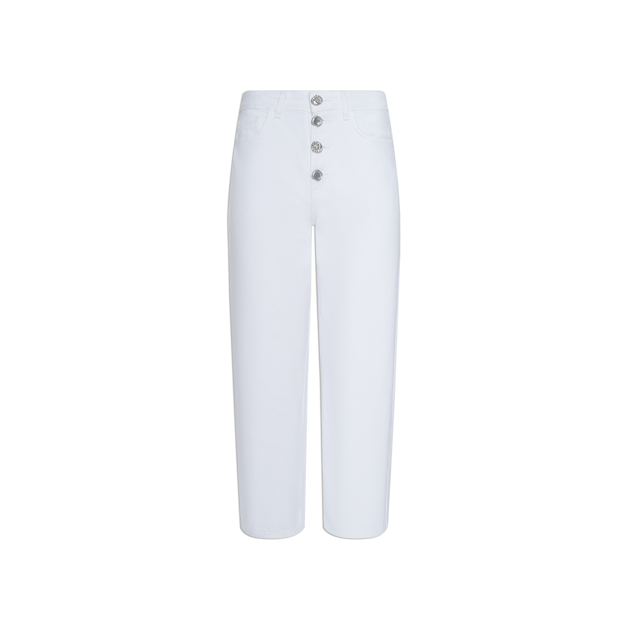 The Liora Cropped Jean is a white, high-waisted pant with a straight-leg cut and four silver buttons on the front fly. These high-rise jeans include side pockets and belt loops, and are displayed on a plain white background.