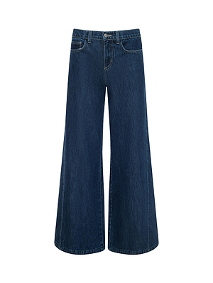 The Savina Low-Rise Wide-Leg Jean by L'AGENCE is a dark blue pair featuring front and back pockets, belt loops, and button-zip closure, shown on a white background.