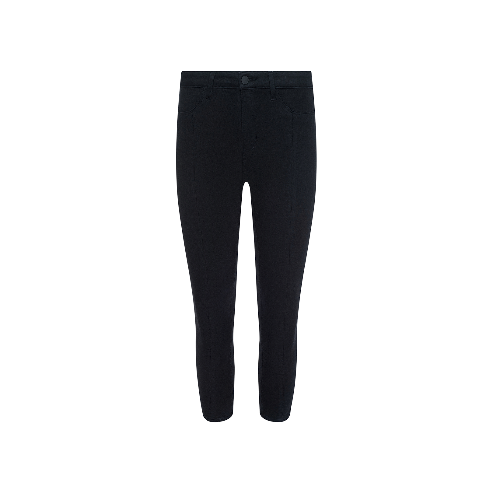 The Fiora Pedal Pusher Jean, a pair of black, ankle-length skinny jeans crafted from super stretch denim, is displayed against a plain white background.