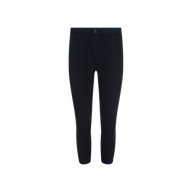 The Fiora Pedal Pusher Jean, a pair of black, ankle-length skinny jeans crafted from super stretch denim, is displayed against a plain white background.