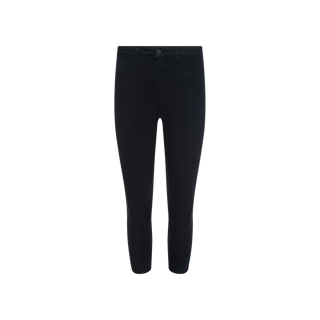 The Fiora Pedal Pusher Jean, a pair of black, ankle-length skinny jeans crafted from super stretch denim, is displayed against a plain white background.