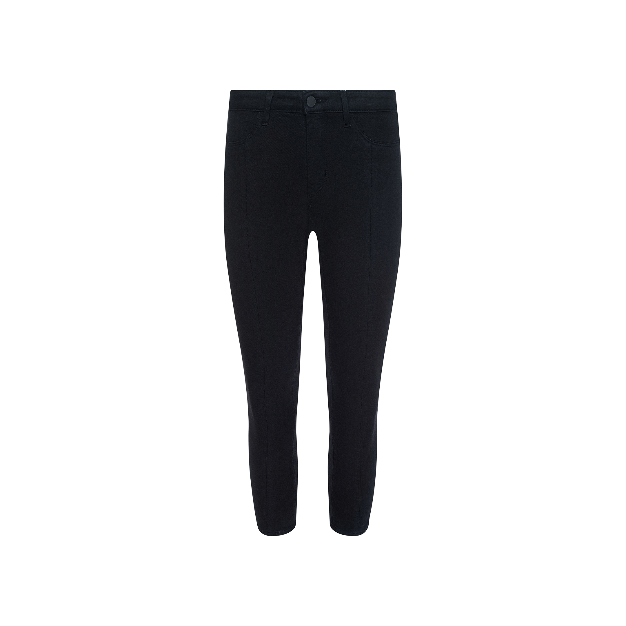 The Fiora Pedal Pusher Jean, a pair of black, ankle-length skinny jeans crafted from super stretch denim, is displayed against a plain white background.