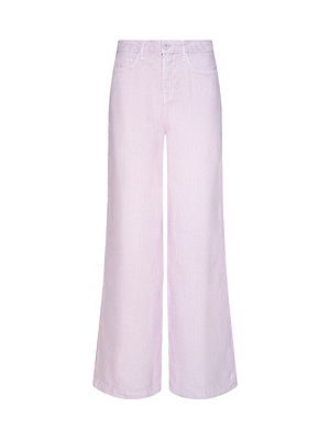 The Amara Linen Wide-Leg Pant in light pink features a high-rise fit, front button and zip closure, belt loops, and side pockets, displayed against a white background.