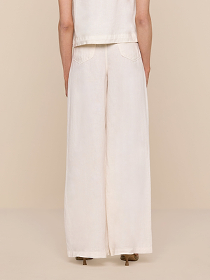 A person is shown from the back wearing the Amara Linen Wide-Leg Pant in off-white. These high rise, loose-fitting, ankle-length pants feature back pockets and are styled with tan heeled sandals against a plain beige background.