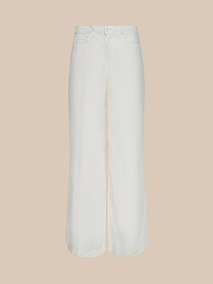 The Amara Linen Wide-Leg Pant features a high-rise silhouette with front and back pockets, showcased against a light beige background.