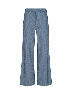 The Amara Wide-Leg Pant features a high-waisted fit, blue indigo stripes, lightweight fabric, front pockets, and button closure, shown on a white background.