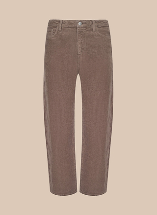 The Mallis Corduroy Bow-Leg Pant, featuring a high rise and straight leg cut with front button closure and belt loops, is presented against a plain beige background—an essential addition to any casual wardrobe.