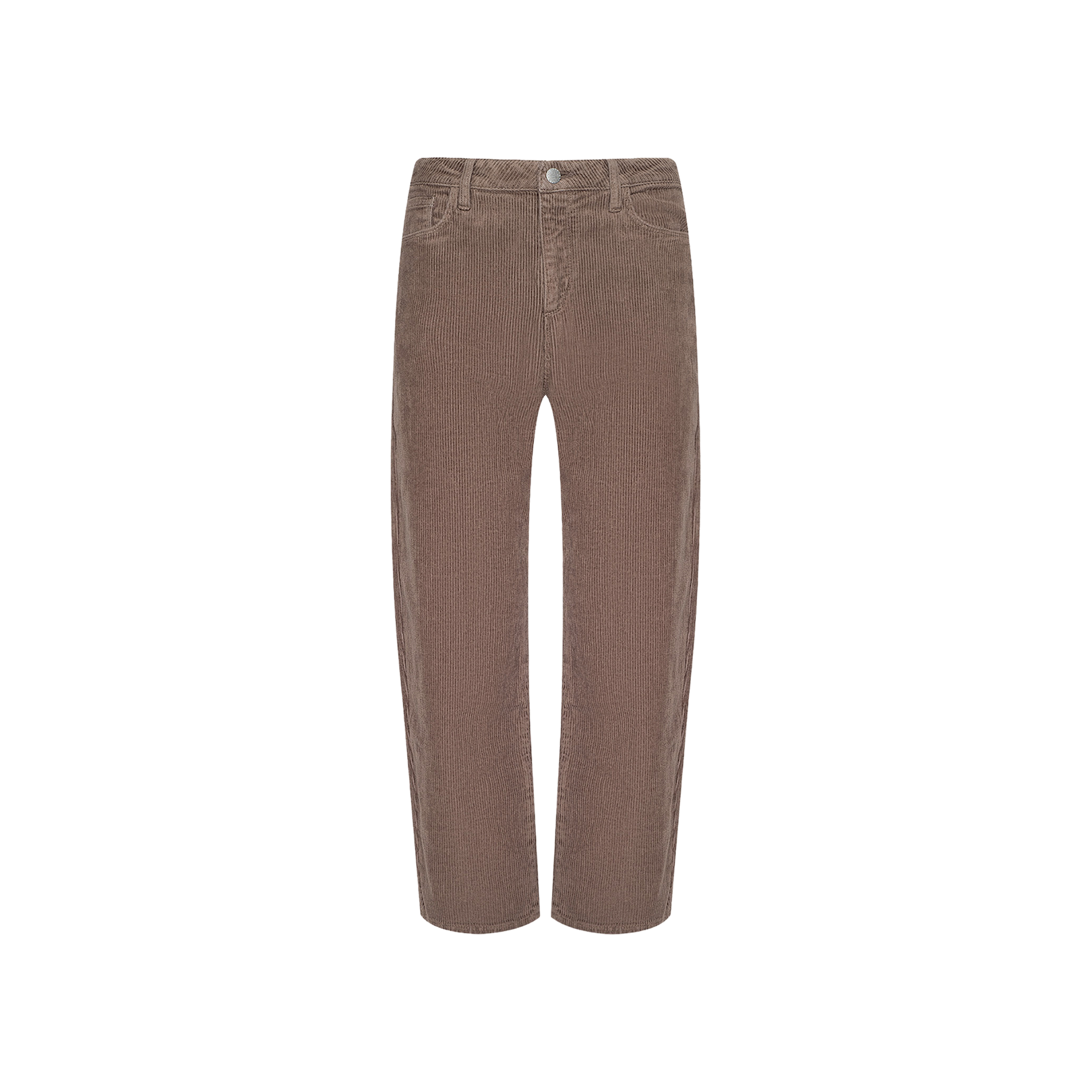 Mallis Corduroy Bow-Leg Pant in brown, featuring a high rise, relaxed fit, button and zipper closure, belt loops, and front pockets, displayed on a plain white background.
