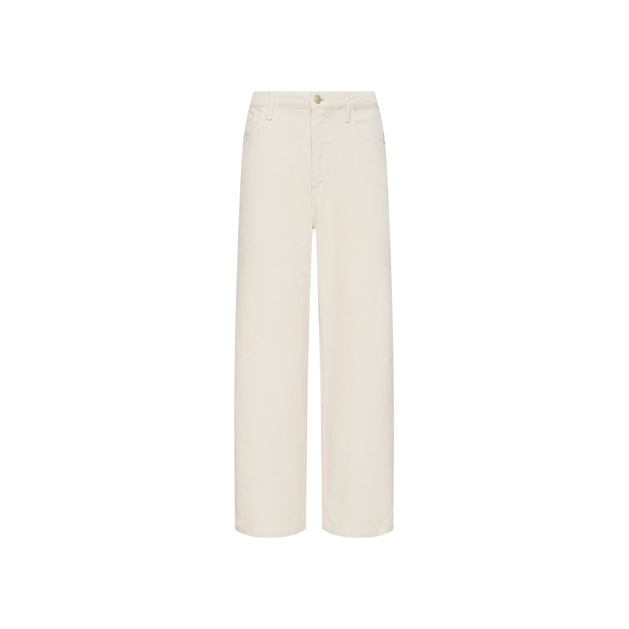 Off-white Mallis Corduroy Bow-Leg pants featuring a high-rise waist, five-pocket styling, and a wide-leg silhouette.