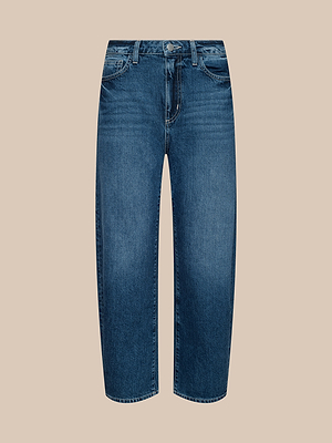 The Mallis Bow-Leg Jean is crafted from blue all-cotton denim with a classic five-pocket design, straight legs, and button-zipper closure, shown on a light beige background.