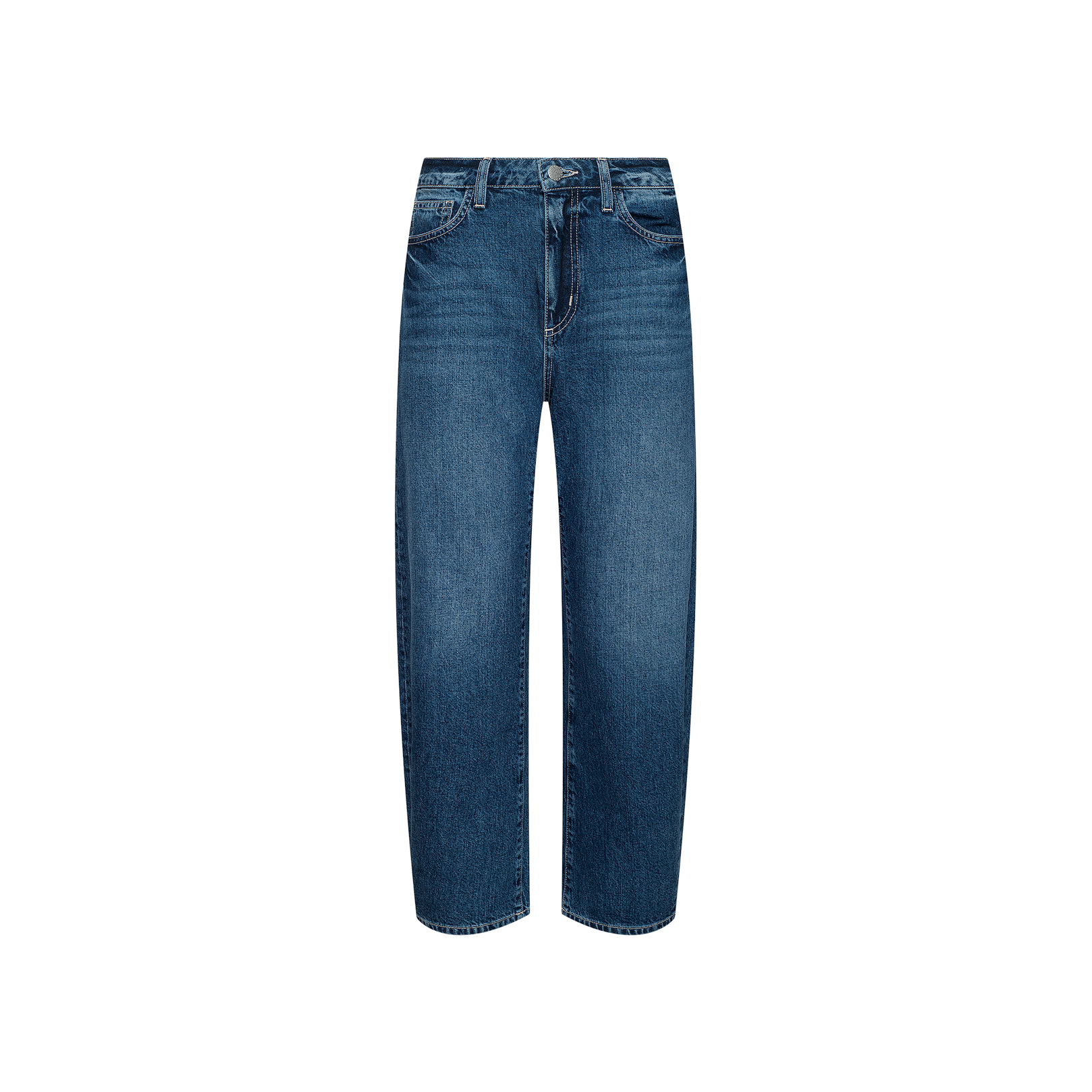 The Mallis Bow-Leg Jean, crafted from all-cotton denim in blue, features a straight leg cut, classic five-pocket design, and button closure, displayed on a plain white background.