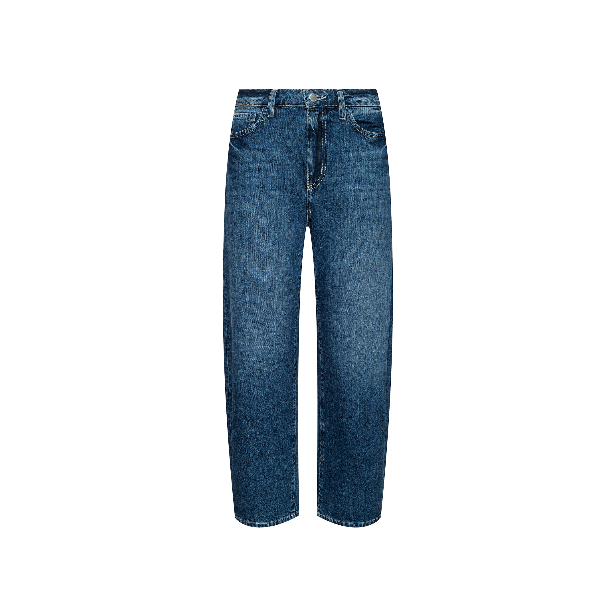 The Mallis Bow-Leg Jean, crafted from all-cotton denim with a straight-leg cut, classic five-pocket design, and button closure, is displayed on a plain white background.