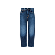 A pair of blue denim jeans with a straight-leg cut, faded detailing on the thighs, classic five-pocket styling, and a button closure, displayed on a plain white background.